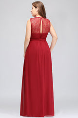 Plus Size Jewel Sleeveless Red Lace Long Bridesmaid Dresses with Ruffle