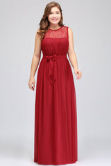 Plus Size Jewel Sleeveless Red Lace Long Bridesmaid Dresses with Ruffle