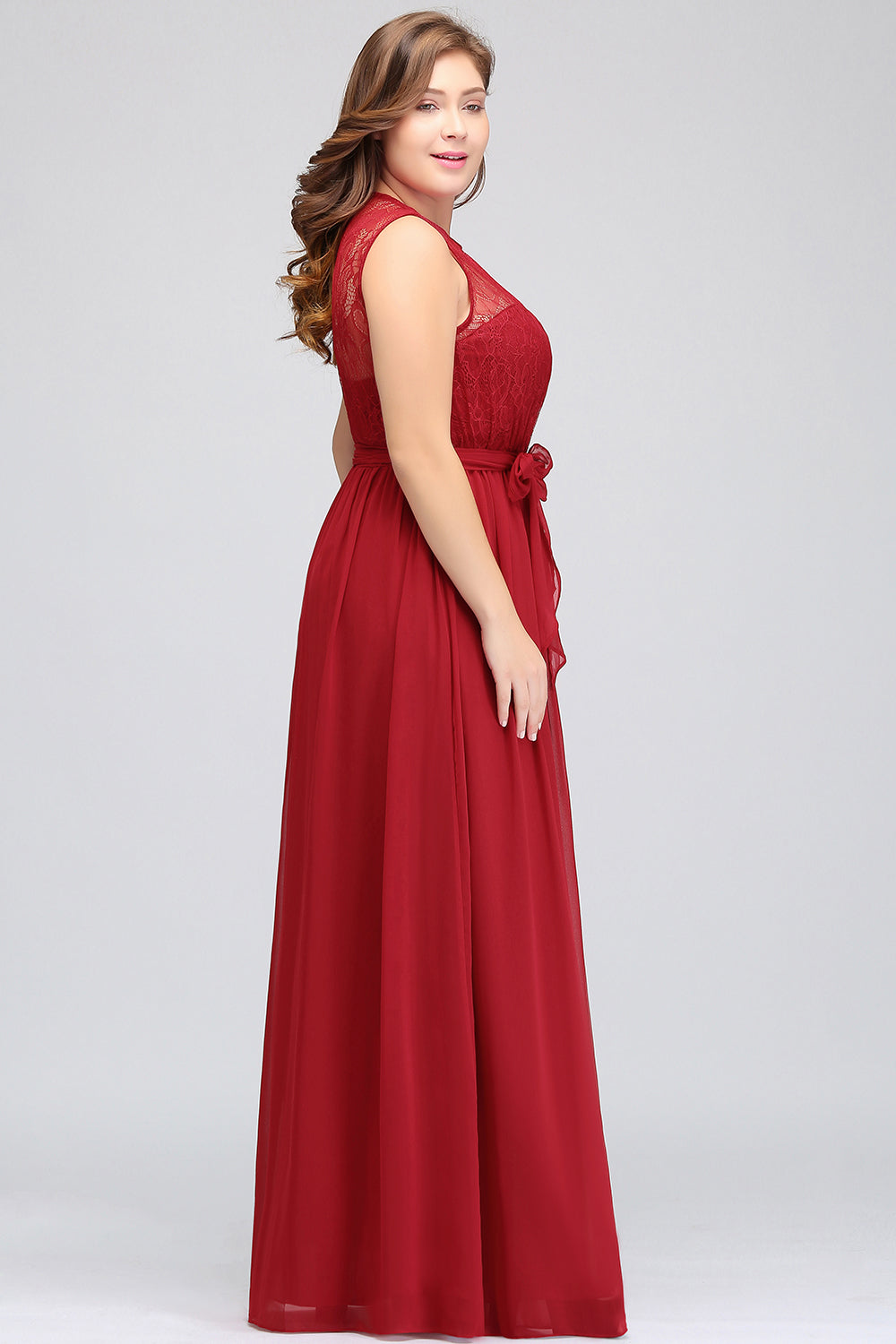 Plus Size Jewel Sleeveless Red Lace Long Bridesmaid Dresses with Ruffle