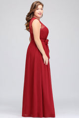 Plus Size Jewel Sleeveless Red Lace Long Bridesmaid Dresses with Ruffle