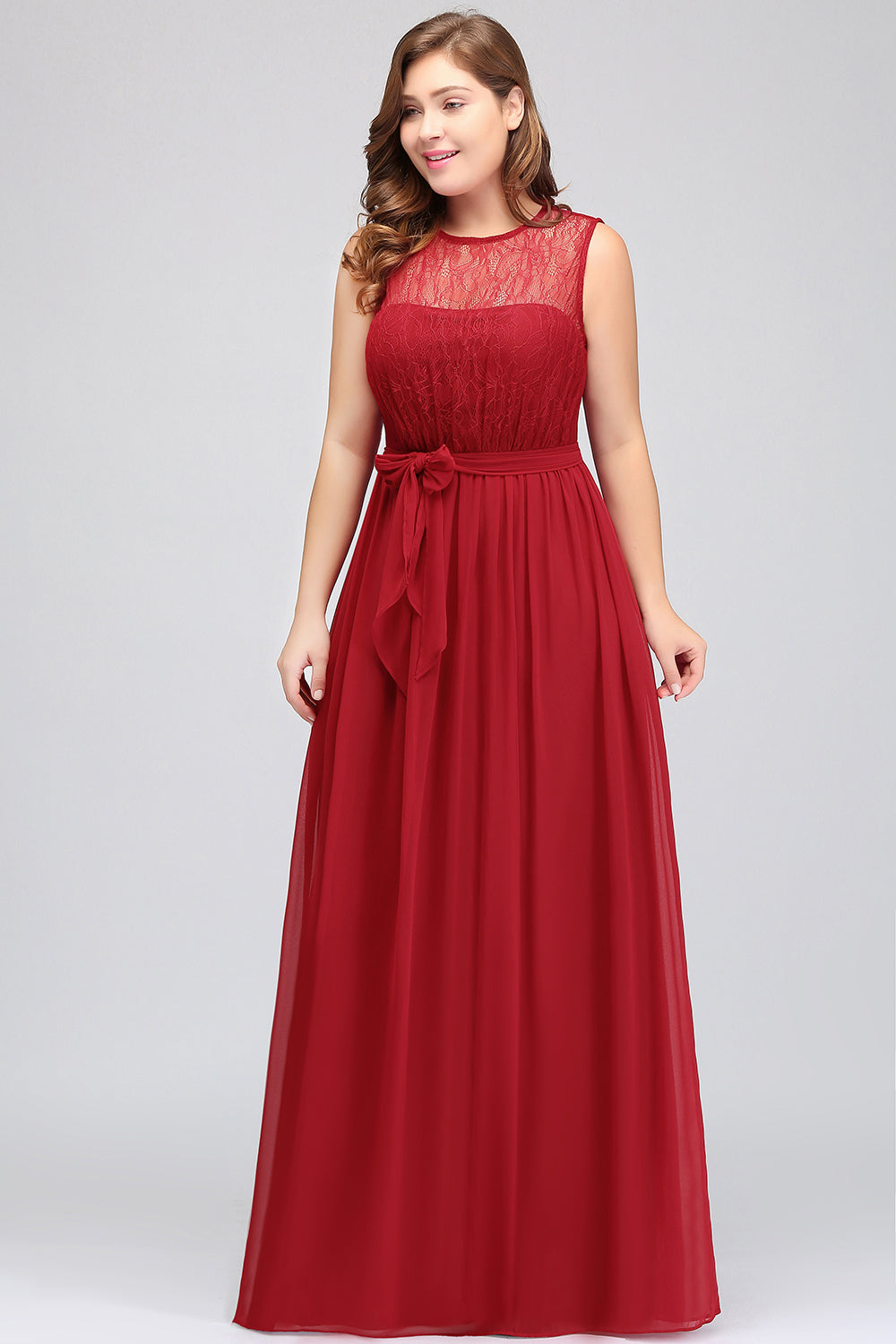 Plus Size Jewel Sleeveless Red Lace Long Bridesmaid Dresses with Ruffle