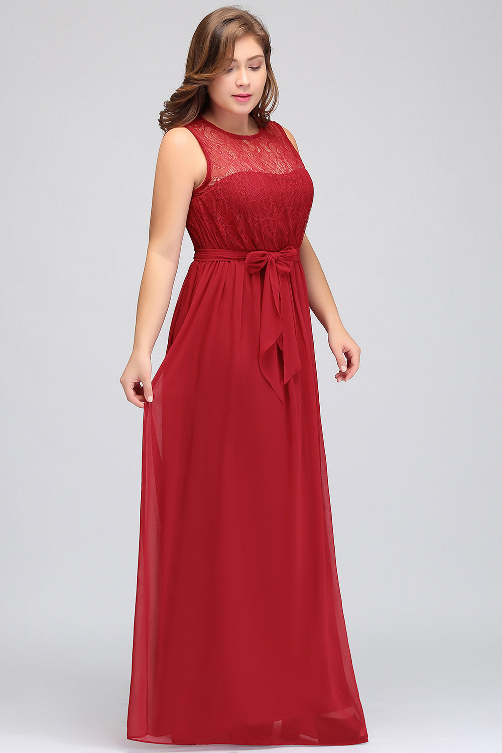Plus Size Jewel Sleeveless Red Lace Long Bridesmaid Dresses with Ruffle
