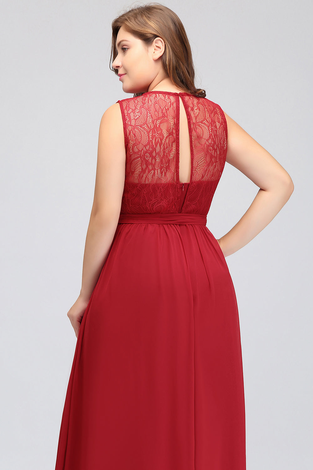 Plus Size Jewel Sleeveless Red Lace Long Bridesmaid Dresses with Ruffle