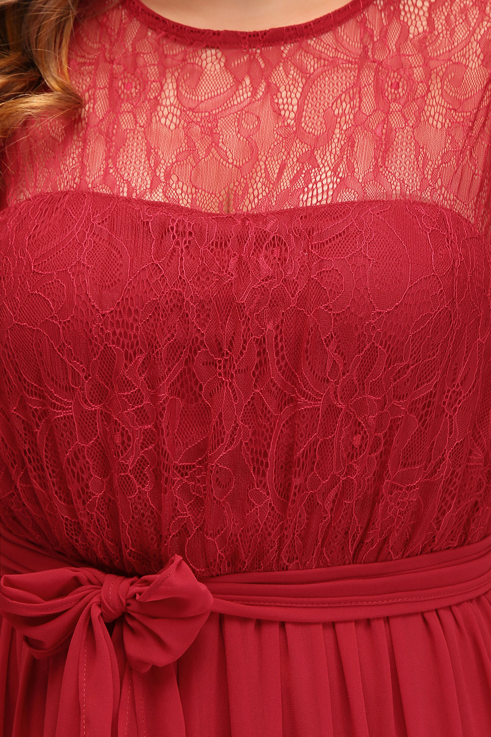 Plus Size Jewel Sleeveless Red Lace Long Bridesmaid Dresses with Ruffle
