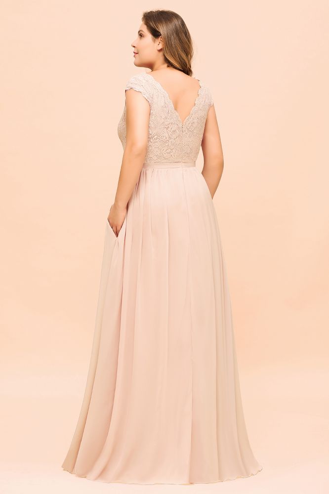 Plus Size Lace Pearl Pink Bridesmaid Dress Short Sleeves Side Split