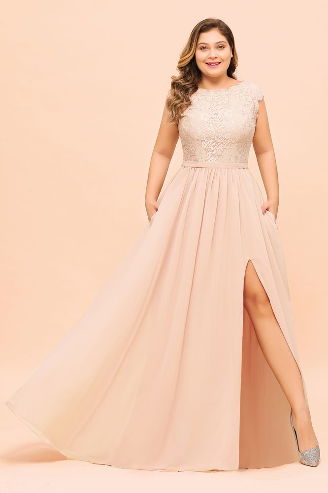 Plus Size Lace Pearl Pink Bridesmaid Dress Short Sleeves Side Split