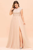 Plus Size Lace Pearl Pink Bridesmaid Dress Short Sleeves Side Split Wedding Party Dress-misshow.com