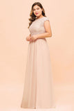 Plus Size Lace Pearl Pink Bridesmaid Dress Short Sleeves Side Split Wedding Party Dress-misshow.com