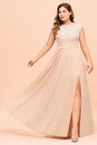 Plus Size Lace Pearl Pink Bridesmaid Dress Short Sleeves Side Split Wedding Party Dress-misshow.com