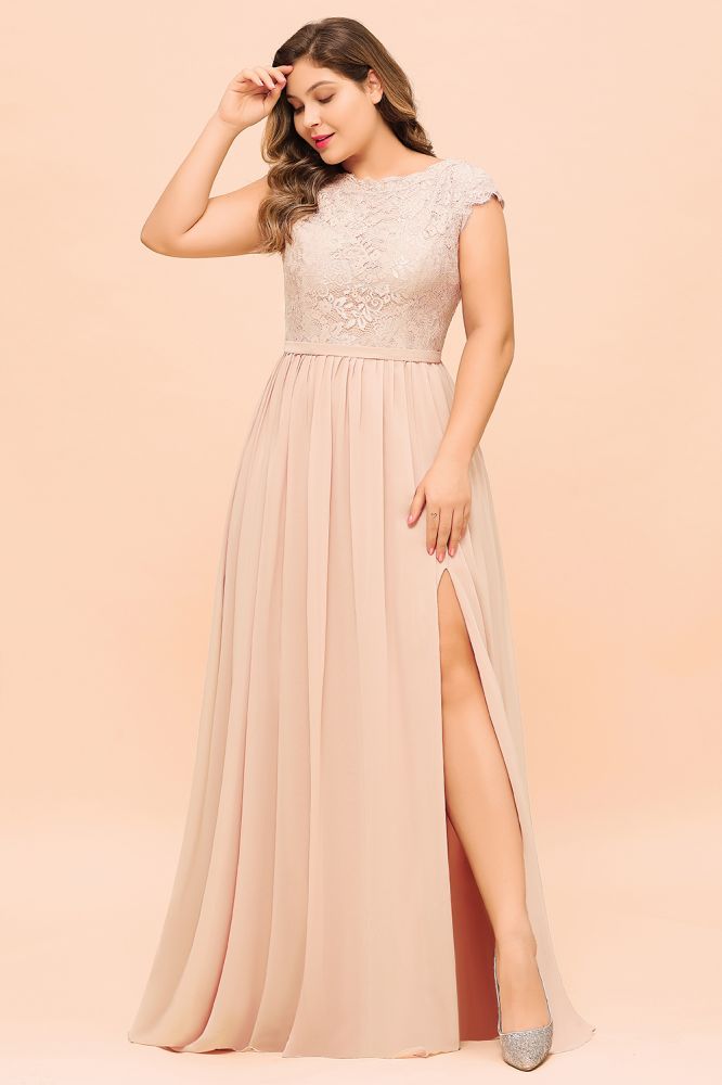 Plus Size Lace Pearl Pink Bridesmaid Dress Short Sleeves Side Split Wedding Party Dress | MISSHOW Plus Size Lace Pearl Pink Bridesmaid Dress Short Sleeves Side Split Wedding Party Dress | MISSHOW
