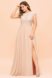 Plus Size Lace Pearl Pink Bridesmaid Dress Short Sleeves Side Split Wedding Party Dress-misshow.com