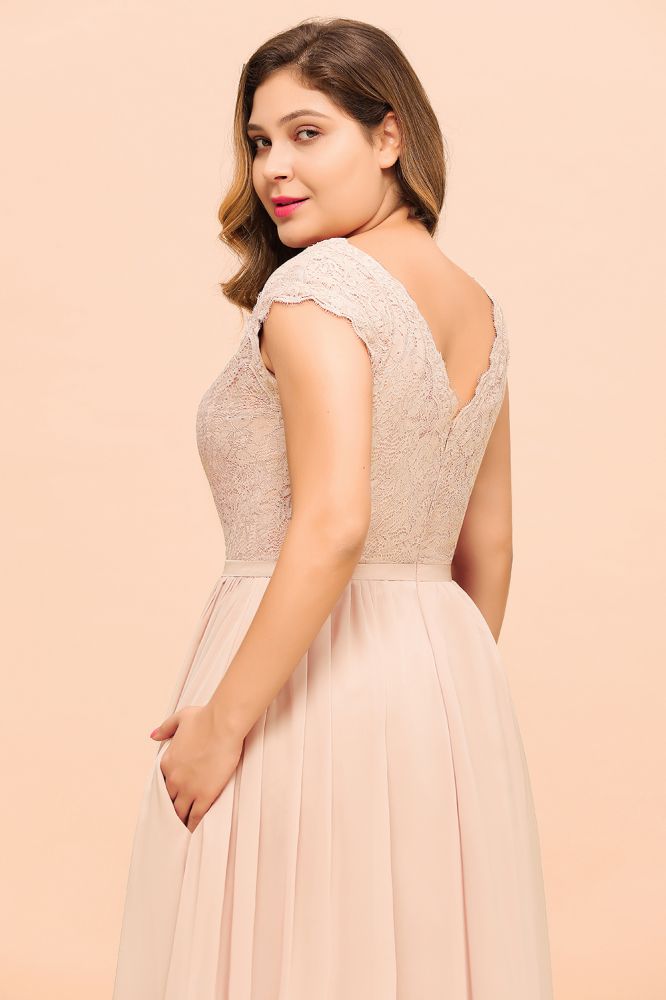 Plus Size Lace Pearl Pink Bridesmaid Dress Short Sleeves Side Split Wedding Party Dress | MISSHOW Plus Size Lace Pearl Pink Bridesmaid Dress Short Sleeves Side Split Wedding Party Dress | MISSHOW