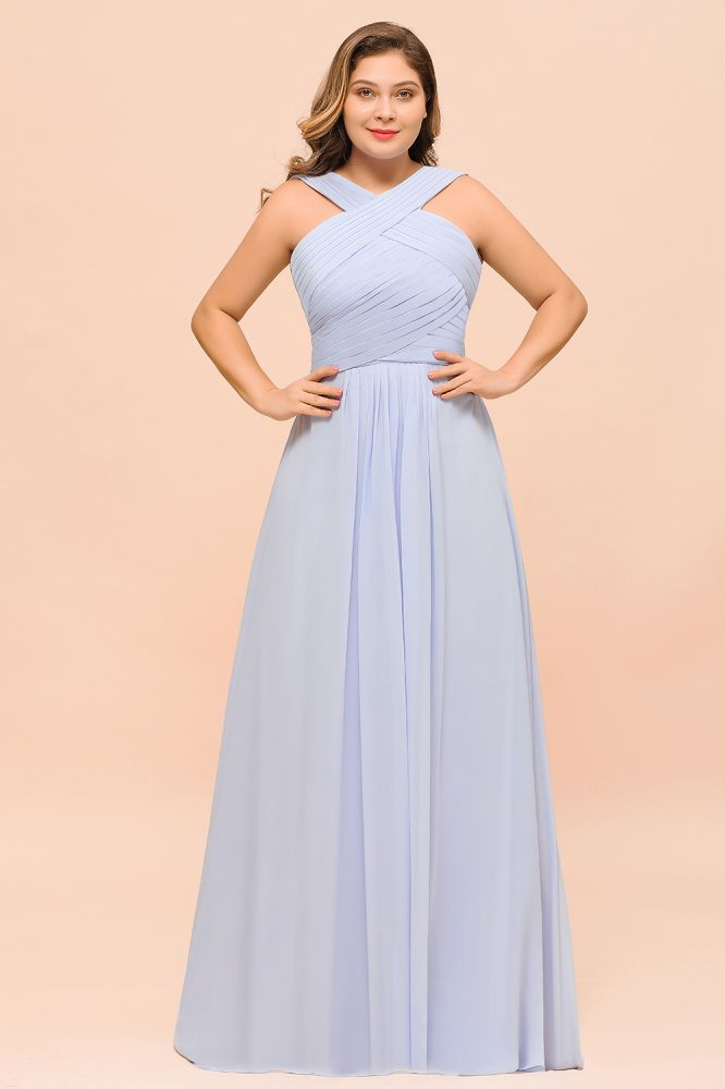 Plus Size Lavender Bridesmaid Dress Halter Floor Length Wedding Guest Dress-misshow.com