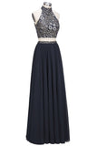 Plus Size Long Halter A-line Two-piece Crystals Beading Black Prom Dresses
