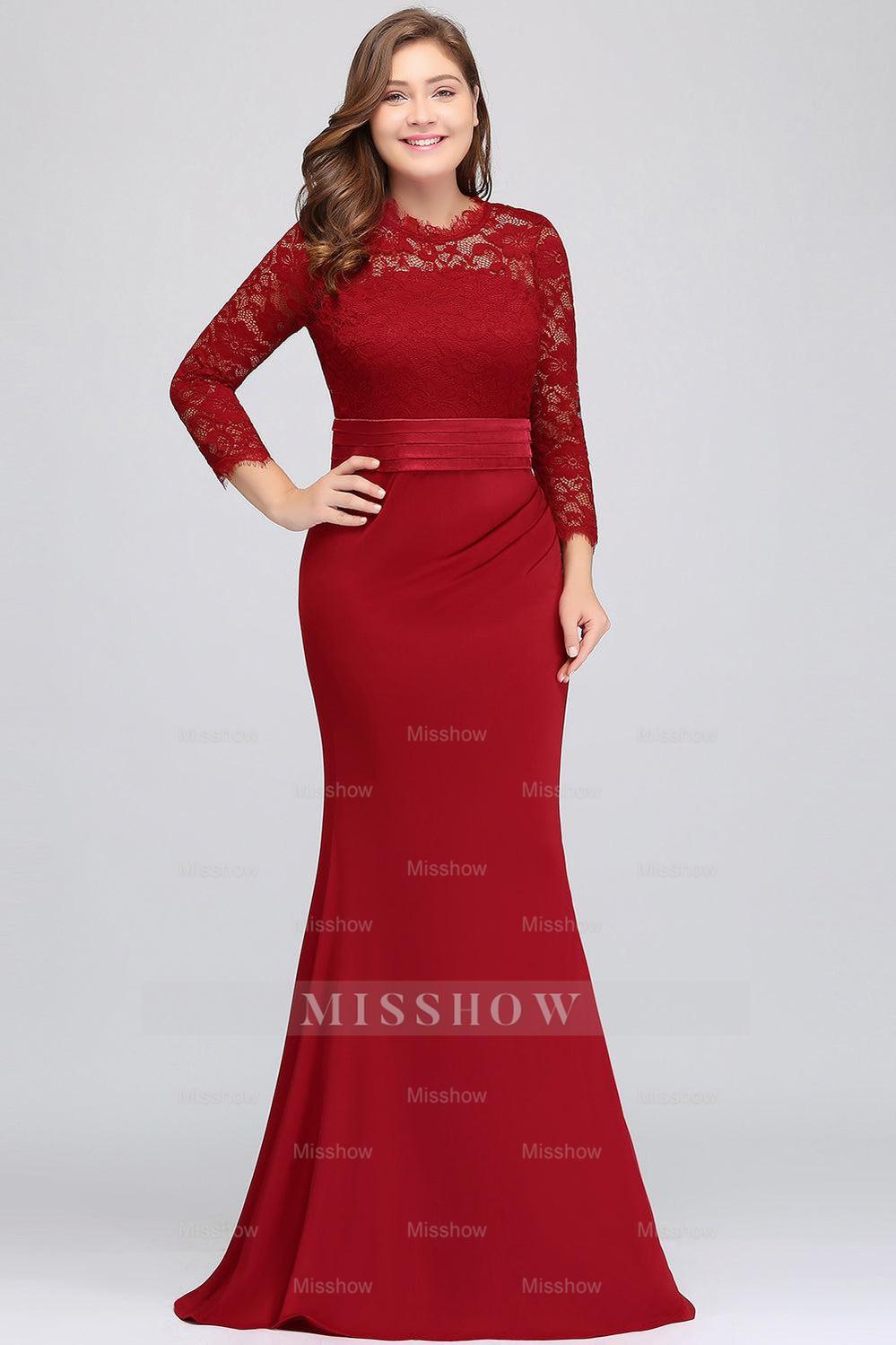 Plus Size Mermaid Long Red Lace Bridesmaid dresses with 3/4 Sleeves –