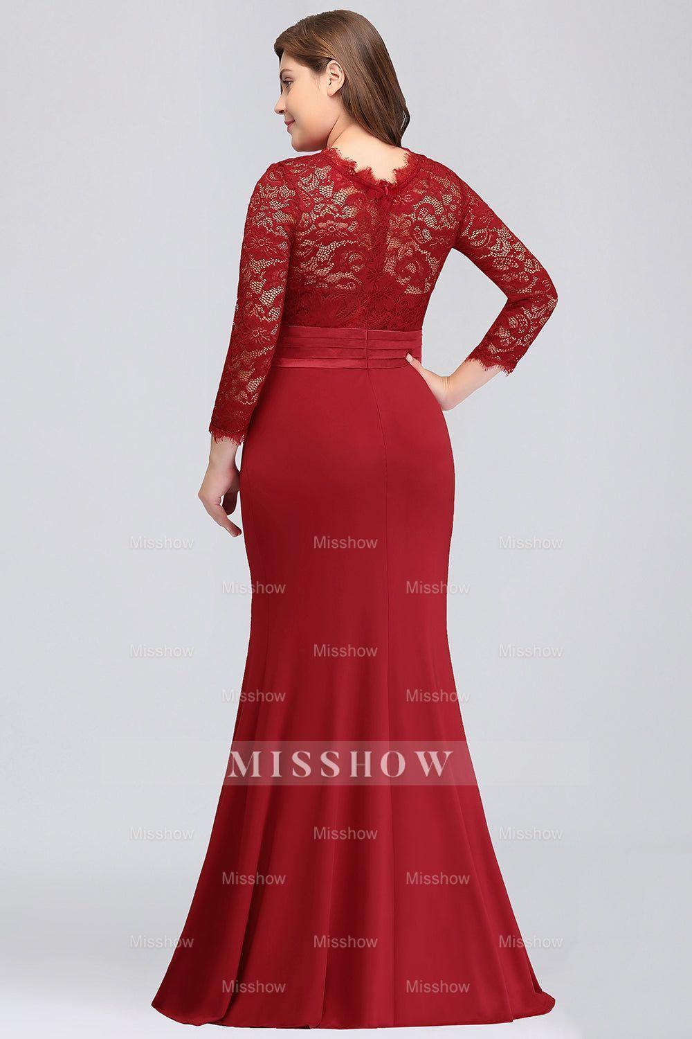 Plus Size Mermaid Long Red Lace Bridesmaid dresses with 3/4 Sleeves misshow.com Plus Size Mermaid Long Red Lace Bridesmaid dresses with 3/4 Sleeves misshow.com