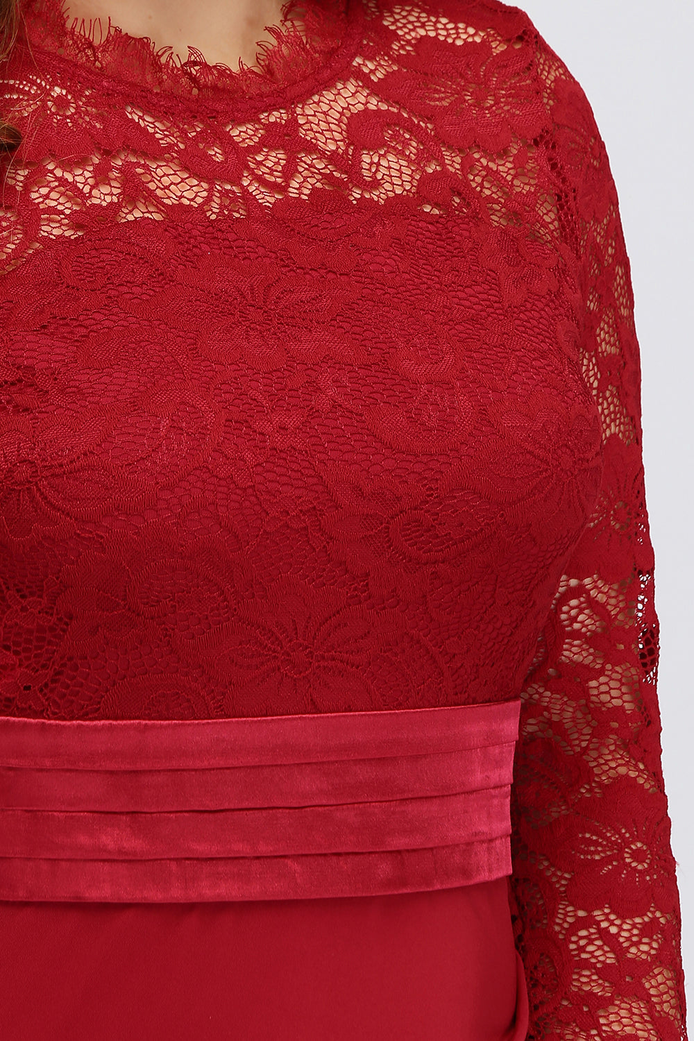 Plus Size Mermaid Long Red Lace Bridesmaid dresses with 3/4 Sleeves