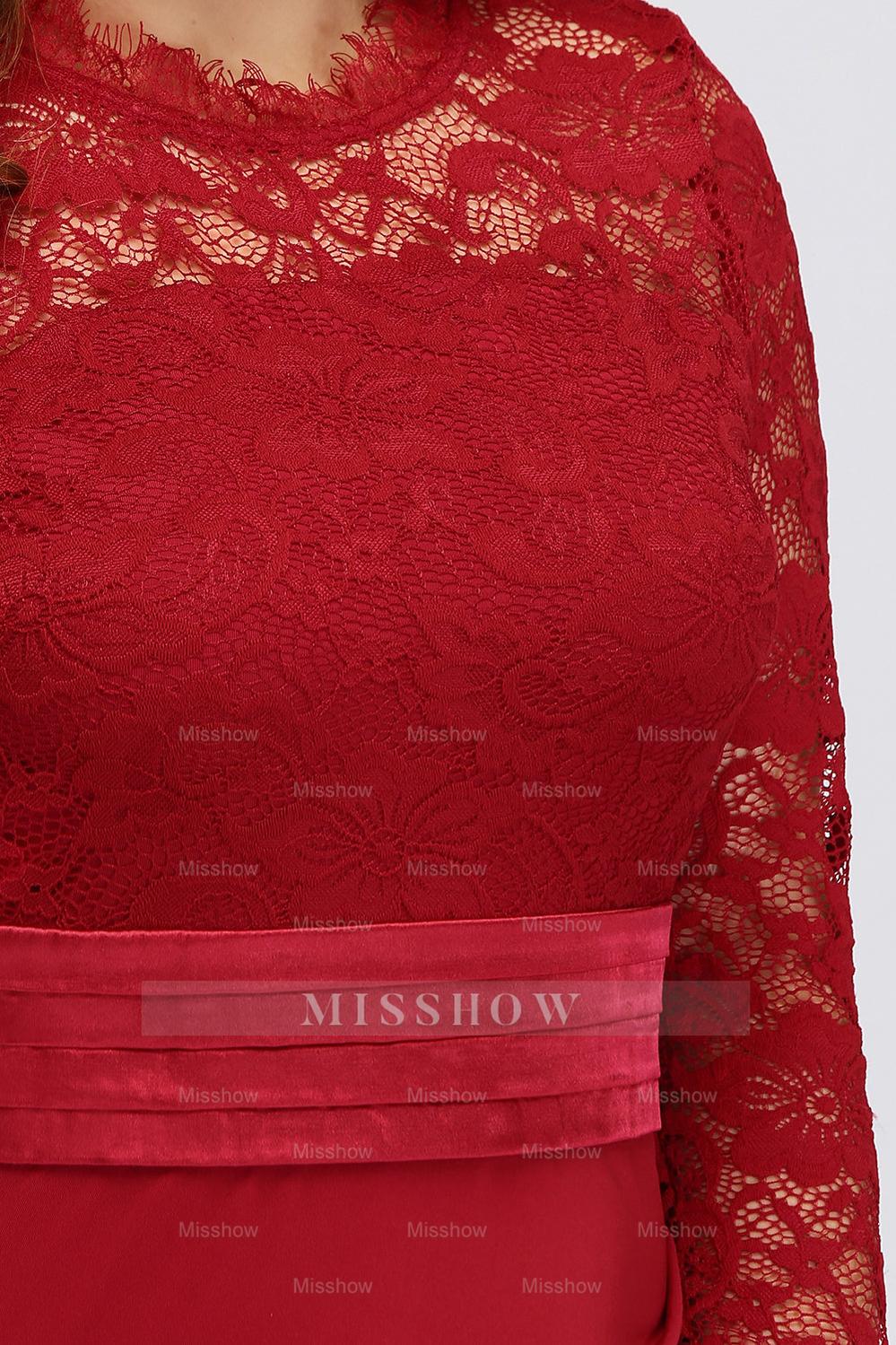 Plus Size Mermaid Long Red Lace Bridesmaid dresses with 3/4 Sleeves misshow.com Plus Size Mermaid Long Red Lace Bridesmaid dresses with 3/4 Sleeves misshow.com