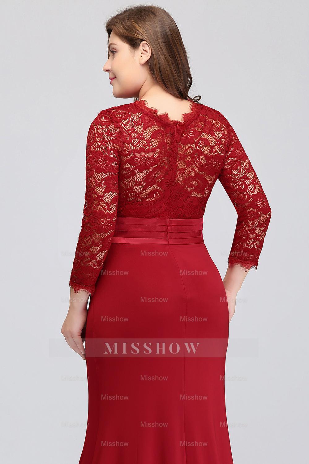 Plus Size Mermaid Long Red Lace Bridesmaid dresses with 3/4 Sleeves Plus Size Mermaid Long Red Lace Bridesmaid dresses with 3/4 Sleeves