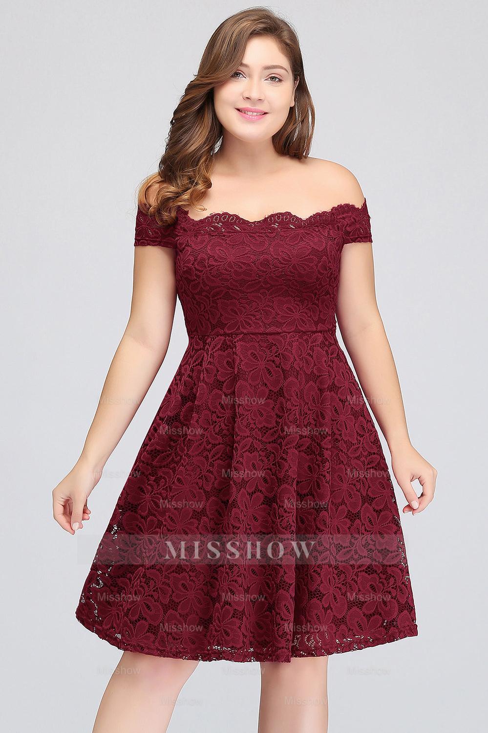 Plus Size Off-the-Shoulder Burgundy Lace Short Bridesmaid Dresses –