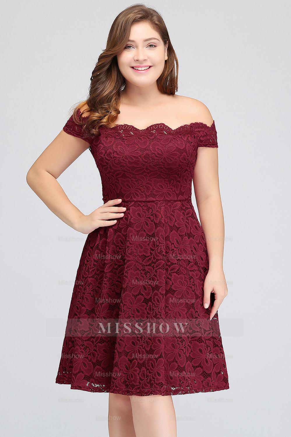 Plus Size Off-the-Shoulder Burgundy Lace Short Bridesmaid Dresses Plus Size Off-the-Shoulder Burgundy Lace Short Bridesmaid Dresses