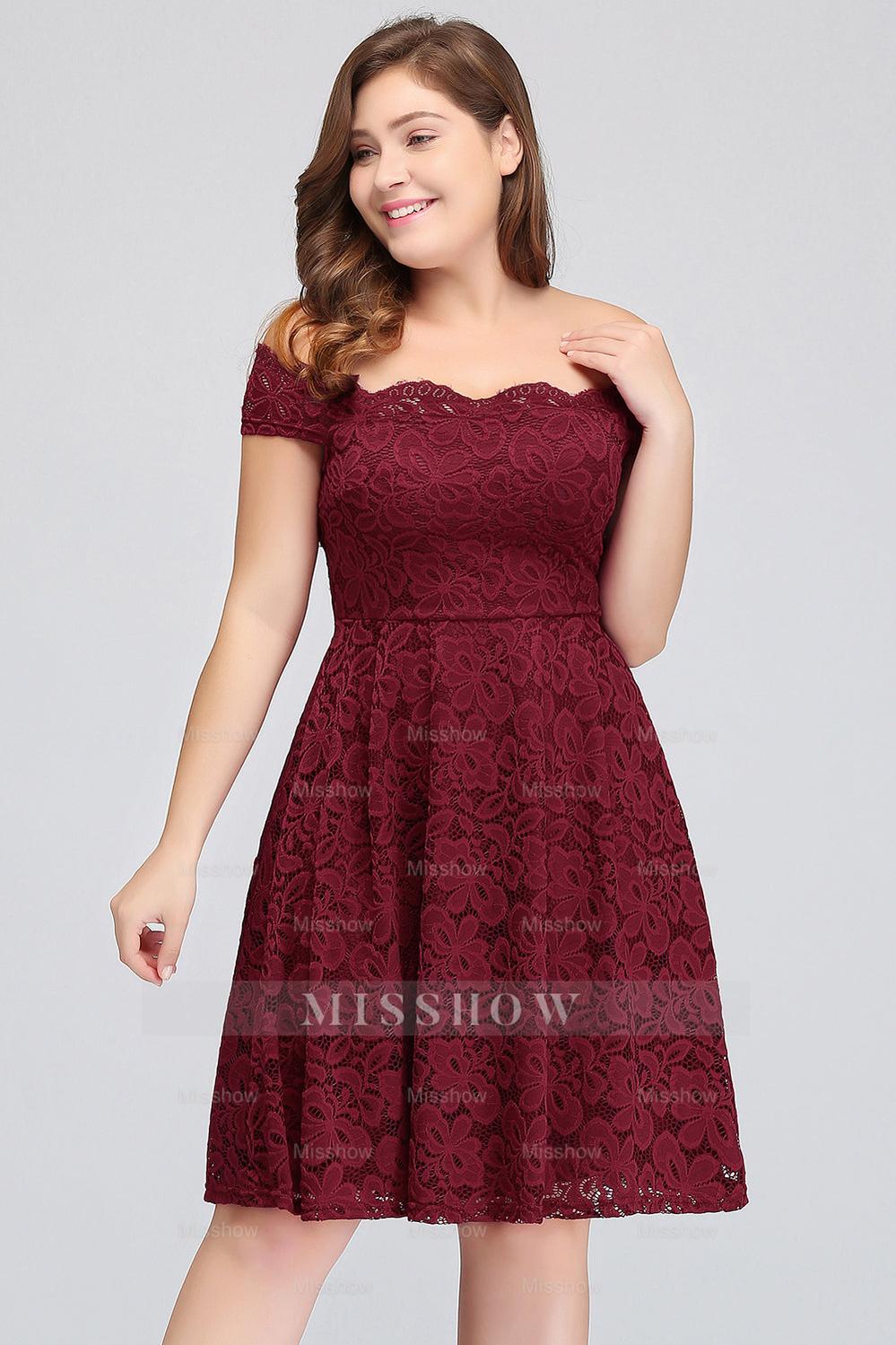 Plus Size Off-the-Shoulder Burgundy Lace Short Bridesmaid Dresses Plus Size Off-the-Shoulder Burgundy Lace Short Bridesmaid Dresses
