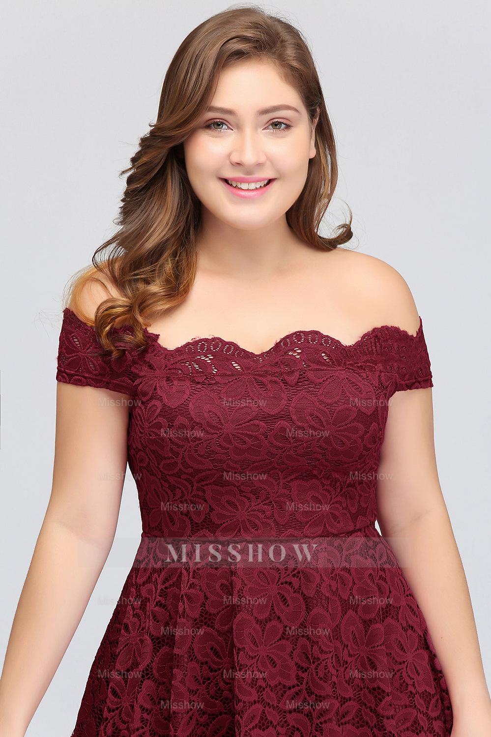 Plus Size Off-the-Shoulder Burgundy Lace Short Bridesmaid Dresses Plus Size Off-the-Shoulder Burgundy Lace Short Bridesmaid Dresses