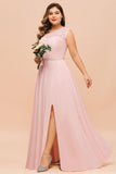 Plus Size Sleeveless aline Bridesmaid Dress Long Side Split Wedding Party Dress-misshow.com