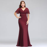 Plus size V-neck Mermaid Floor Length Short Sleeves Burgundy Evening Dresses with Sash