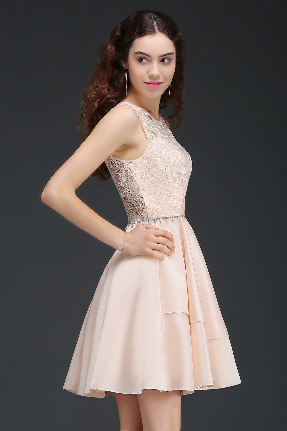 Pretty Lace Backless Short Pink Bridesmaid dresses with Beadings