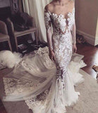 Pretty Pretty Mermaid Lace Appliques Long Sleeves Sheer Tulle Elegant Wedding Dresses