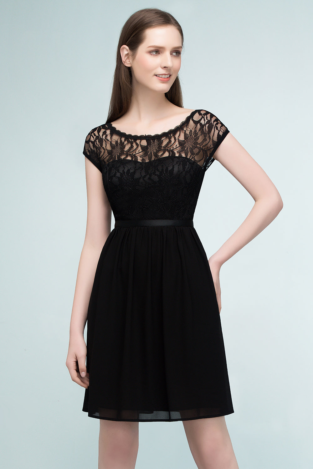 Pretty Scoop Sleeveless Black Lace Short Junior Bridesmaid Dresses