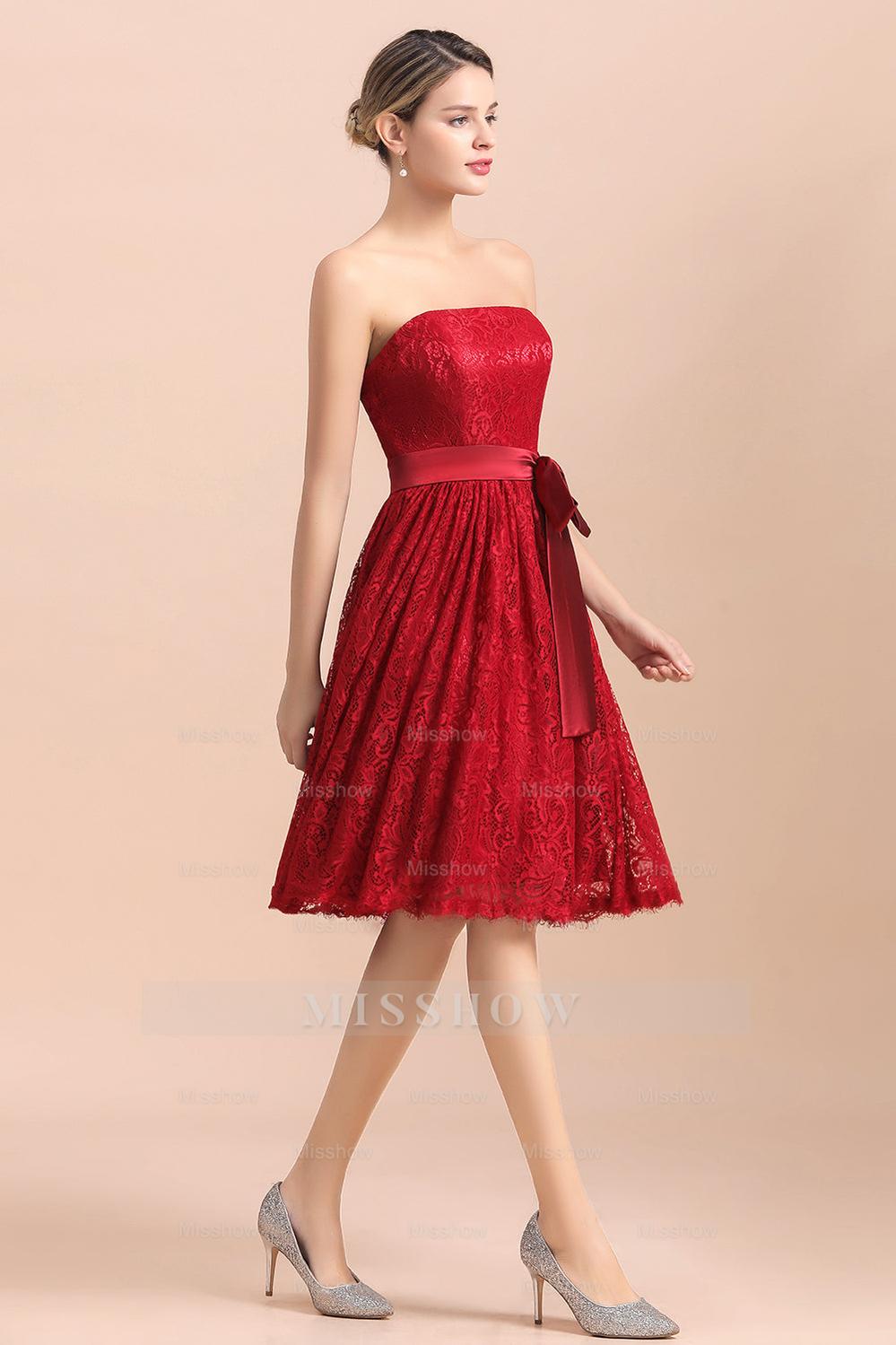Pretty Strapless Red Lace Bridesmaid dresses Sleeveless Short Wedding Party Dress with Sash Pretty Strapless Red Lace Bridesmaid dresses Sleeveless Short Wedding Party Dress with Sash