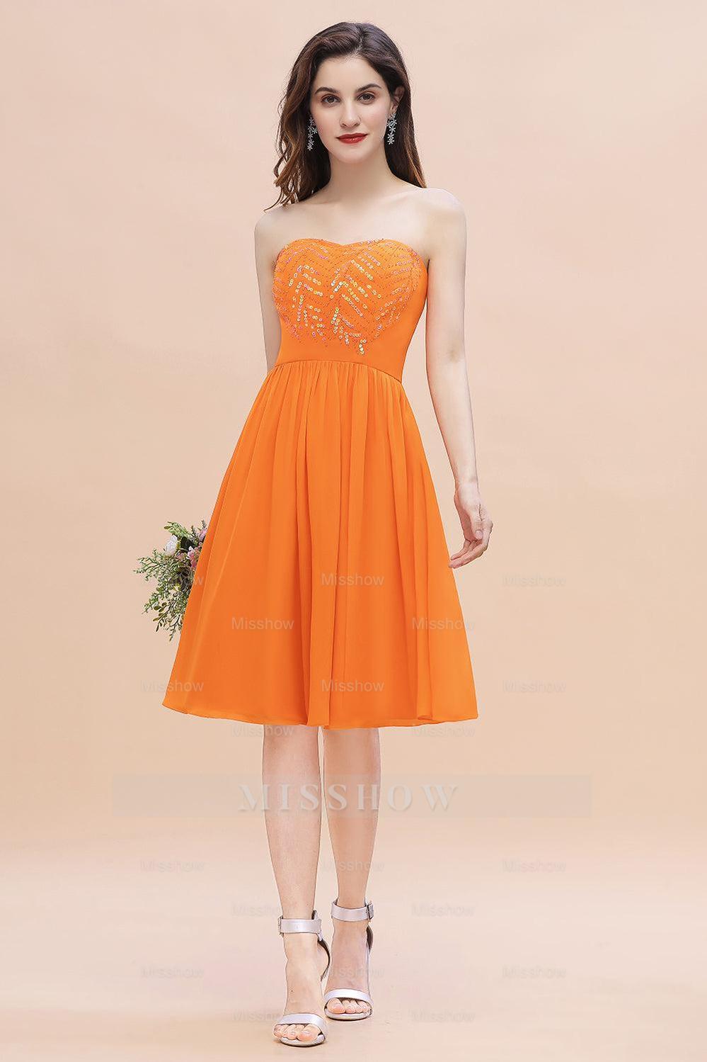 Pretty Strapless Sweetheart Chiffon Sequins Short Bridesmaid Dresses with Ruffles Pretty Strapless Sweetheart Chiffon Sequins Short Bridesmaid Dresses with Ruffles