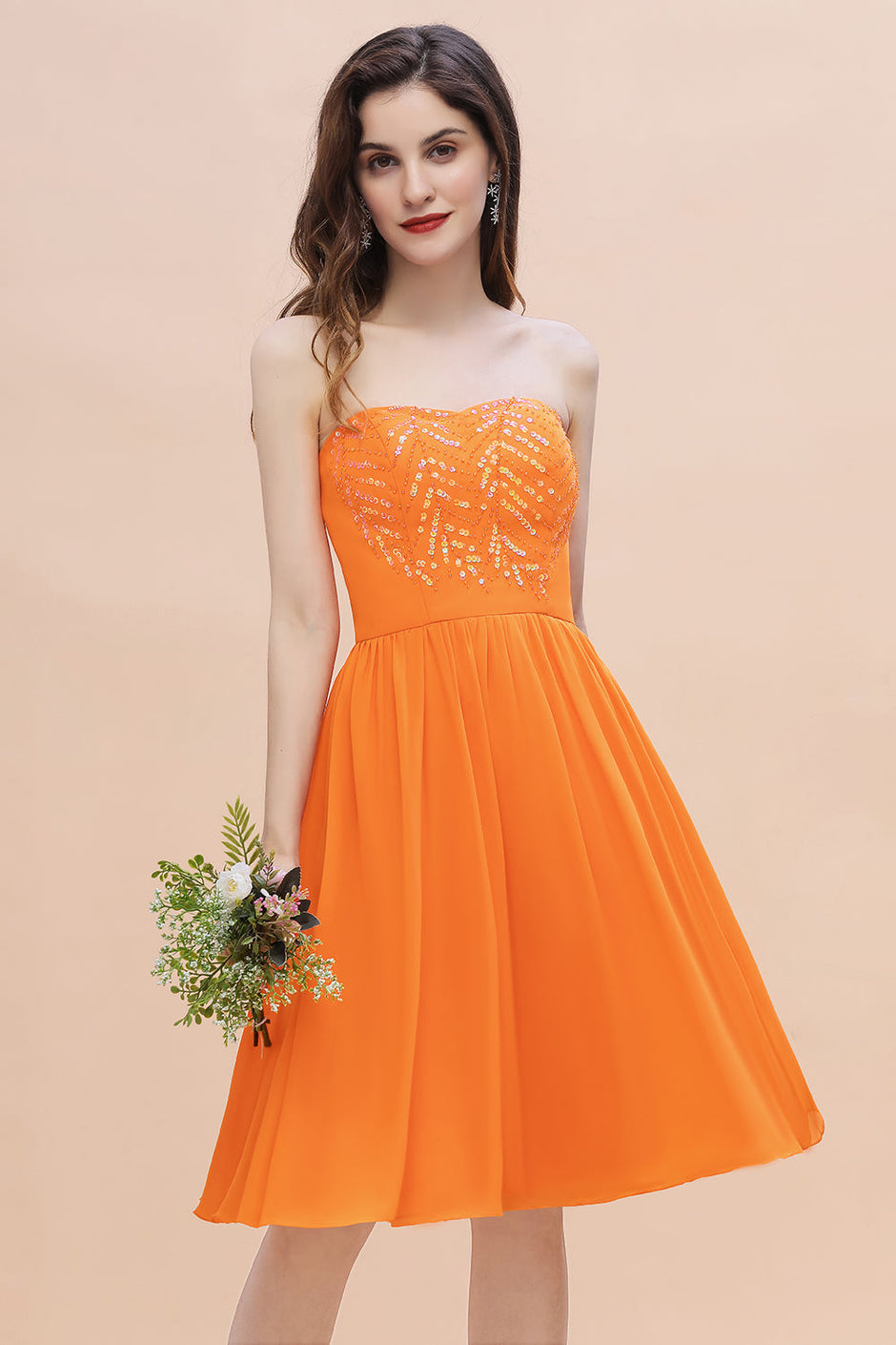 Pretty Strapless Sweetheart Chiffon Sequins Short Bridesmaid Dresses w –