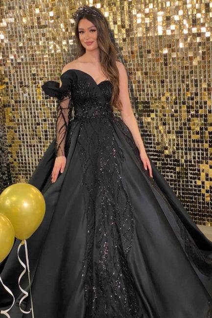 Princess Black Long Sleeve A-line Wedding Dresses With Beads-misshow.com
