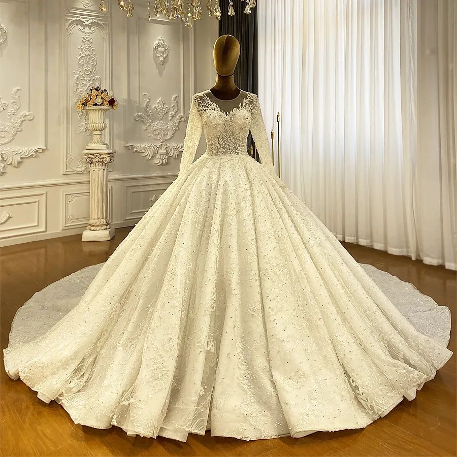 Princess Elegant A-line Long Sleeves Lace Wedding Dress With Train-misshow.com
