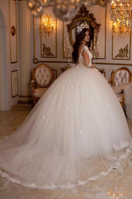 Princess Long A-line V-neck Lace Wedding Dresses With Long Sleeves-misshow.com