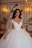 Princess Long A-line V-neck Lace Wedding Dresses With Long Sleeves-misshow.com