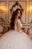 Princess Long A-line V-neck Lace Wedding Dresses With Long Sleeves-misshow.com