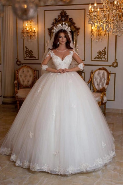 Princess Long A-line V-neck Lace Wedding Dresses With Long Sleeves-misshow.com