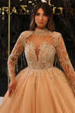 Princess Long Gold High Neck A-line Beading Evening Dresses With Long Sleeves-misshow.com