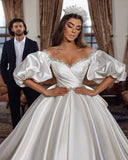 Princess Long Ivory A-line V-neck Jewel Wedding Dress With Long Sleeves-misshow.com