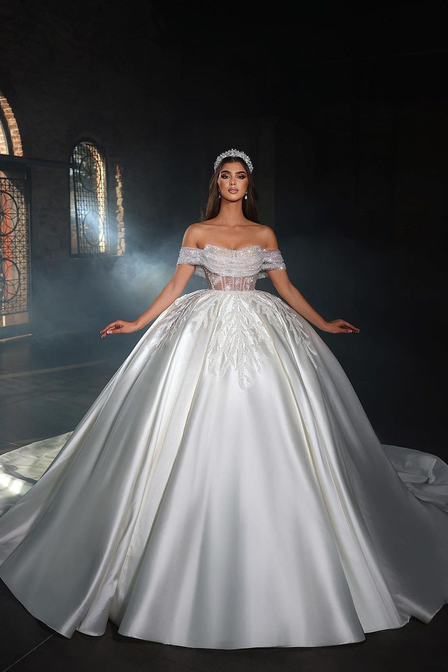 Princess Long White A-line Off-the-shoulder Beading Lace Wedding Dress-misshow.com