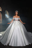 Princess Long White A-line Off-the-shoulder Beading Lace Wedding Dress