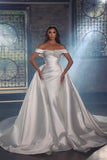 Princess Long White A-line Off-the-shoulder Lace Beading Wedding Dress With Detachable Train-misshow.com