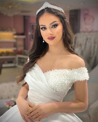 Princess Long White A-line Off-the-shoulder Wedding Dress With Pearls-misshow.com
