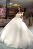 Princess Long White A-line Off-the-shoulder Wedding Dress With Pearls-misshow.com