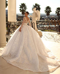 Princess Long White A-line V-neck Lace Wedding Dress With Long Sleeves-misshow.com