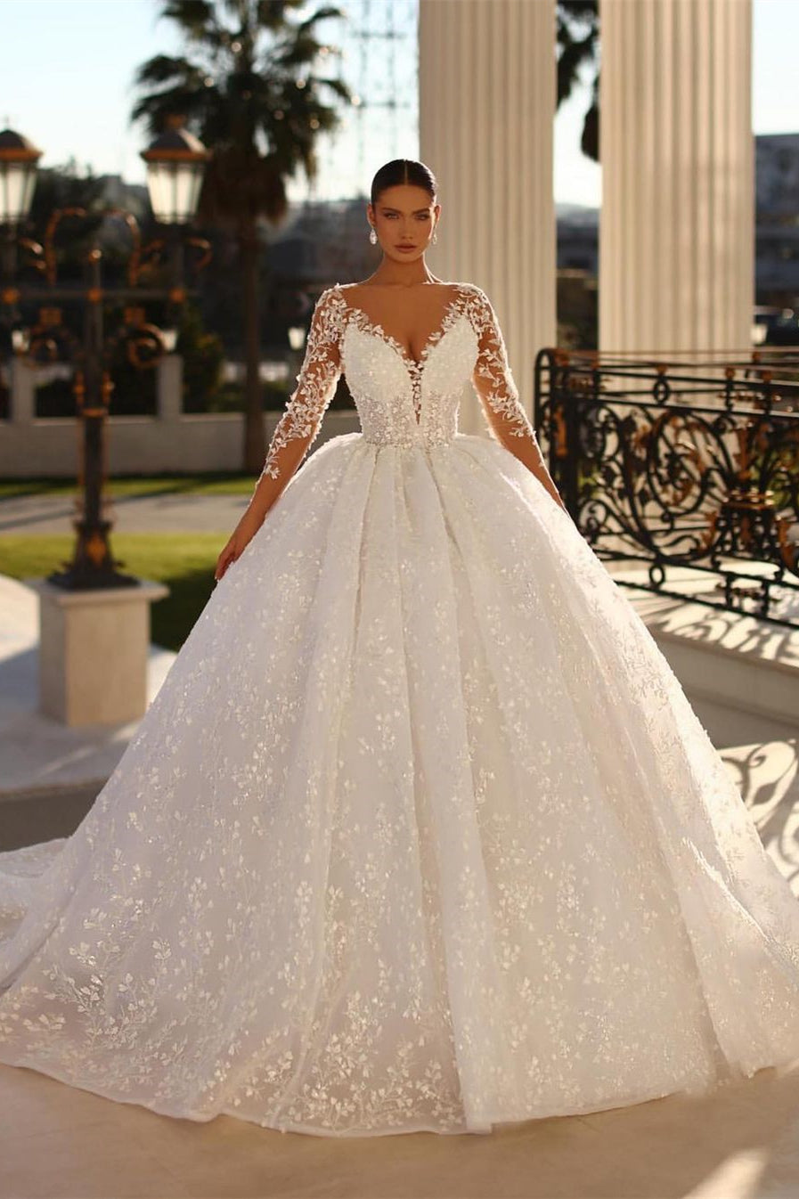 Princess Long White A-line V-neck Lace Wedding Dress With Long Sleeves-misshow.com